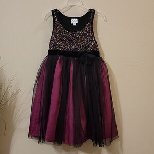 DISNEY D-SIGNED BLACK AND PINK SEQUINED TULLE SLEEVELESS DRESS, SIZE M (10)